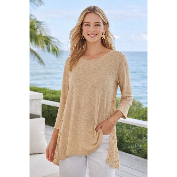 Lagenlook Tops - Tyler Boe Linen Top L Khaki Lagenlook Coastal Chic Boho Resort Minimalist